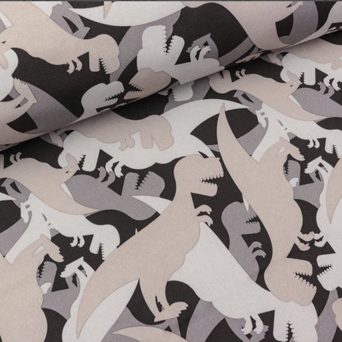 Tissu softshell - dinosaures - gris / beige - oeko tex standard 100