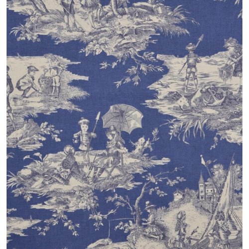 Tissu - toile de jouy - histoire d'eau - bleu marine - laize 140cm - maison thévenon