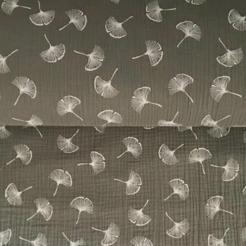 Tissu - feuilles de gingko - double gaze - couleur kaki - oeko tex standard 100