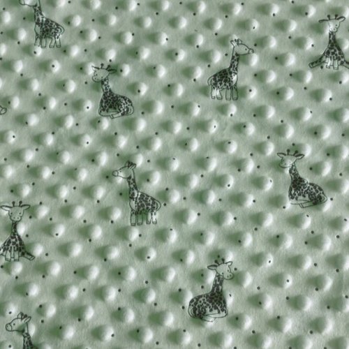 Tissu minky - tendre girafe - couleur menthe - pois en relief - oeko tex standard 100
