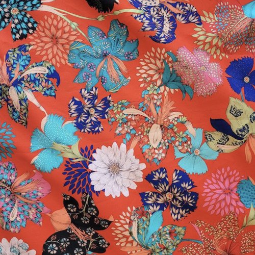 Tissu ameublement - kimono flowers - fond rouge - 1/2 panama tahiti thévenon - oeko tex