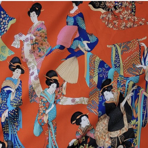 Tissu ameublement - kimono geisha - fond rouge - 1/2 panama tahiti - oeko tex - maison thévenon