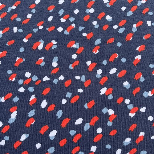 Tissu french terry - bleu marine moucheté blanc , rouge , gris - organic textile