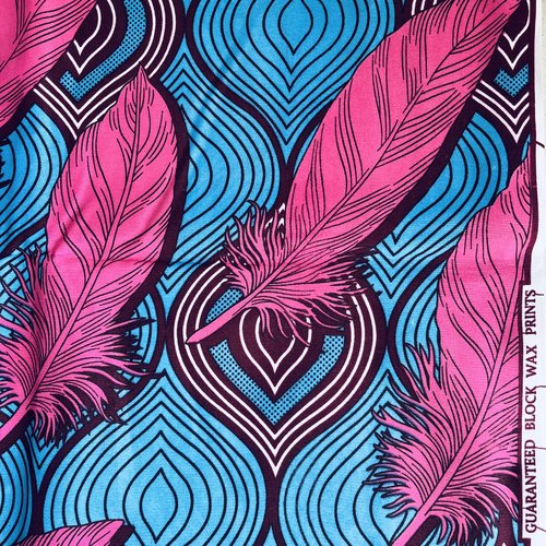 Tissu wax - plumes - pink / bleu -véritable high target block wax prints