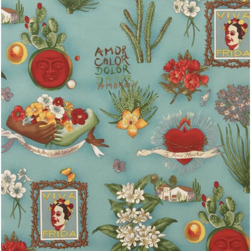 Tissu - viva frida - alexandre henry - bleu turquoise - coton haute qualité