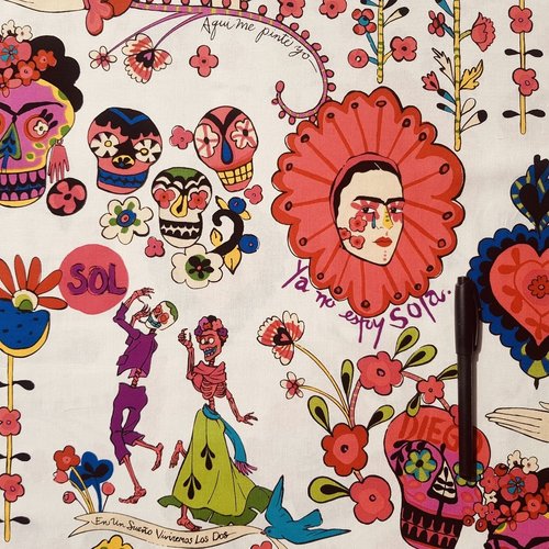 Tissu - frida kahlo / ya no estoy sola - fond blanc - collection alexander henry