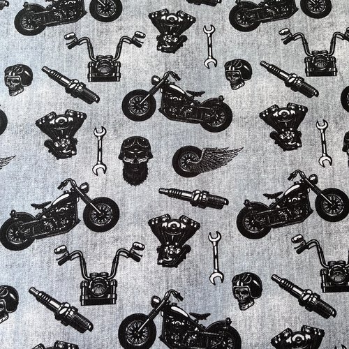 Tissu french terry - skulls & motorcycles - fond gris cendre