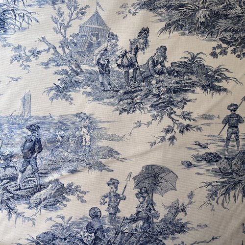 Tissu - histoire d'eau - toile de jouy - bleu - largeur 280cm - maison thévenon