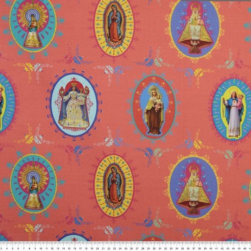 Tissu -estampes religieuses / vierges - 2 versions  noir & corail  - toile organic coton - oeko tex standard 100