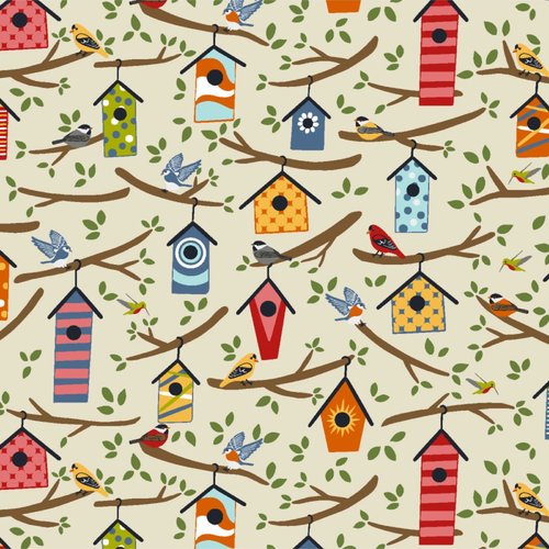 Tissu - happy birds - multicolore / fond olive - coton