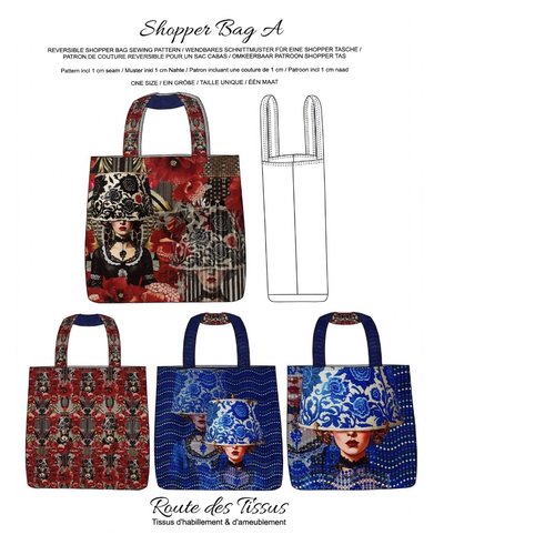 Panneau tissu sac cabas à coudre - shopper bag a réversible - motif femme abat-jour - floral rouge et bleu - patron inclus