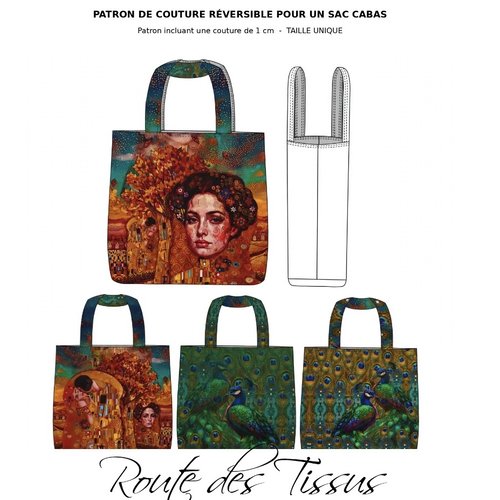 Panneau tissu sac cabas à coudre - shopper bag réversible - golden peacock / muse klimt - patron inclus  - oekotex standard 100