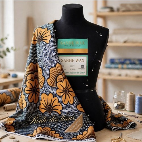 Tissu wax africain - fleurs de mariage jaune et indigo - sanhe wax 100% coton