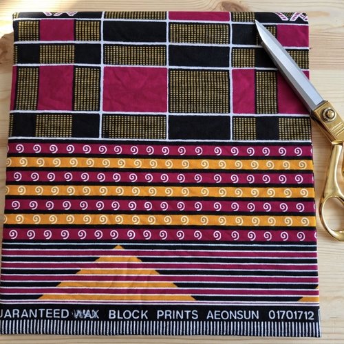 Tissu wax africain aeonsun - motif graphique kente rose fuchsia , jaune moutarde et noir - 100% coton