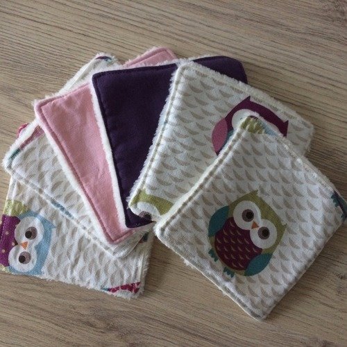 Lingettes lavables bébé en polaire et tissu hiboux/chouettes