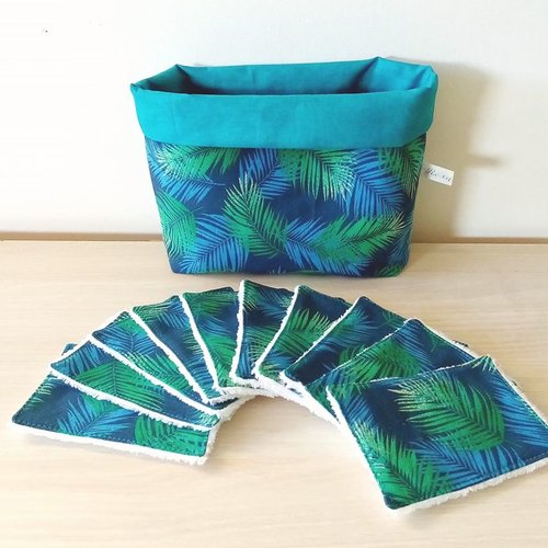 Ensemble lingettes lavable et pochon de rangement motifs palmes