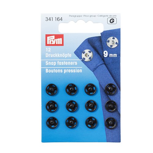 12 boutons pression à coudre noir 9 mm prym 341164