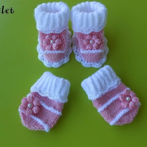 Ensemble bebe fille, moufles chaussons naissance,cadeau bebe fille