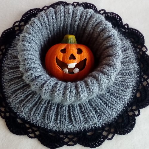 Col roulé crocheté en laine,echarpe tubulaire laine grise