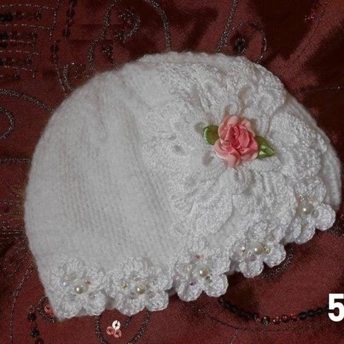 Bonnet bébé fille naissance,bapteme,bonnet nourrisson laine