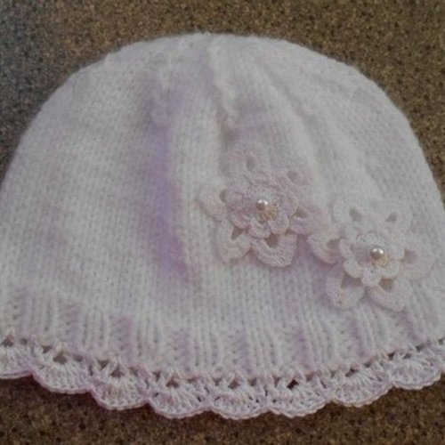 Bonnet bébé fille naissance,bapteme,bonnet nourrisson laine