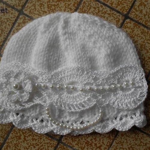 Bonnet bébé fille naissance,bapteme,bonnet nourrisson laine