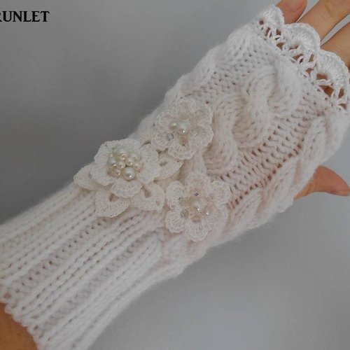 Mitaines femme laine au trico,gants brodées,mitaines dentelle laine au crochet