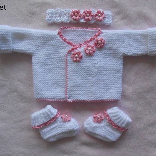 Ensemble bébé fille naissance, brassière bebe laine 0-3mois , naissance tricot