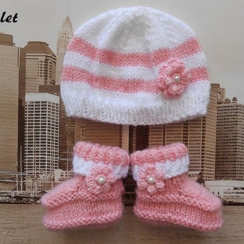 Bonnet chaussons  bébé fille laine naissance