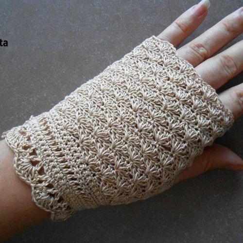 Mitaines beige anti-uv au cochet,mitaines femme coton.