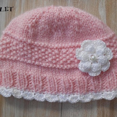 Bonnet bébé fille naissance,bapteme,bonnet nourrisson laine