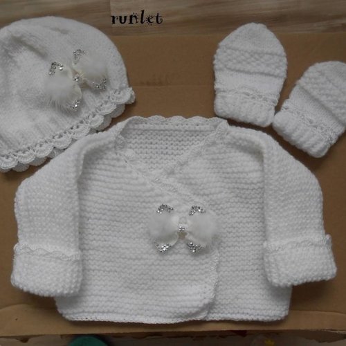 Ensemble bébé fille naissance, brassière bebe laine 0-3mois ,ensemble naissance tricot