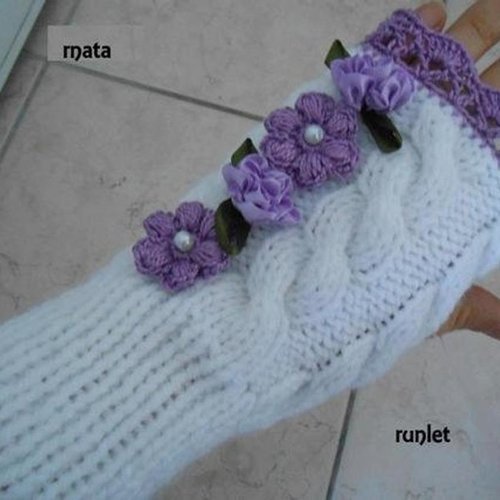 Gants fleur,mitaines torsade laine,cadeau noel,gant femme hiver.