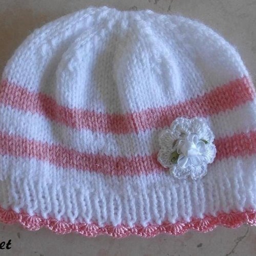 Bonnet bébé fille naissance,bapteme,bonnet nourrisson laine.
