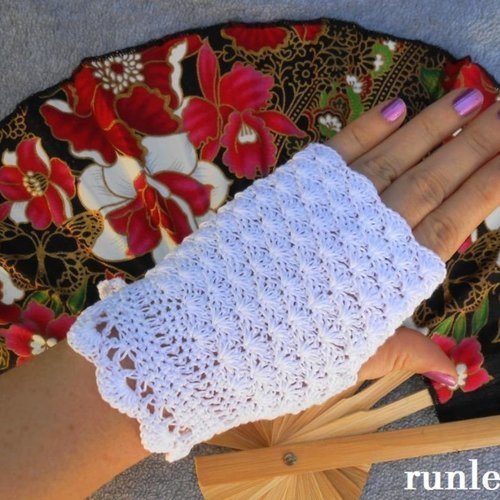 Mitaines anti-uv au cochet,mitaines femme coton blanc.