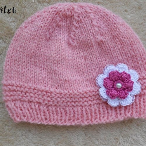 Bonnet bébé fille naissance,bapteme,bonnet nourrisson laine rose