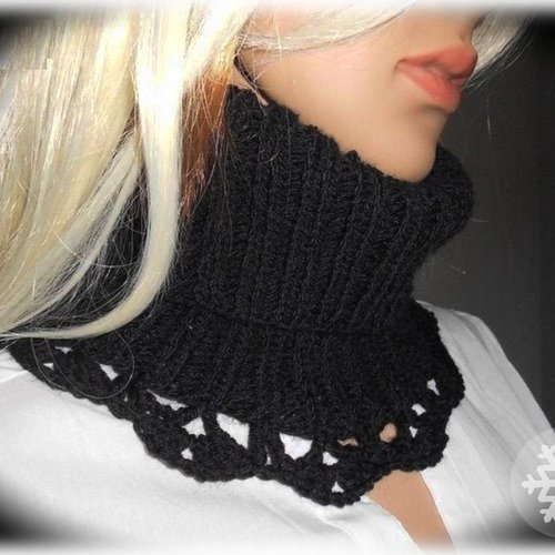Cache col noir tricot laine,cache cou femme,col roulé,chauffe-cou fait main,snood femme,tour col de cou