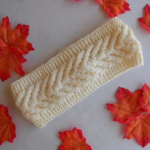 Bandeau en laine ecru torsadé  femme