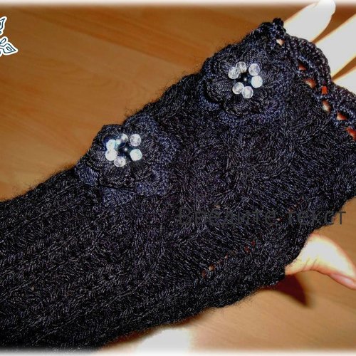 Mitaines torsadée laine,mitaines femme en laine noire fleurs,cadeau femme