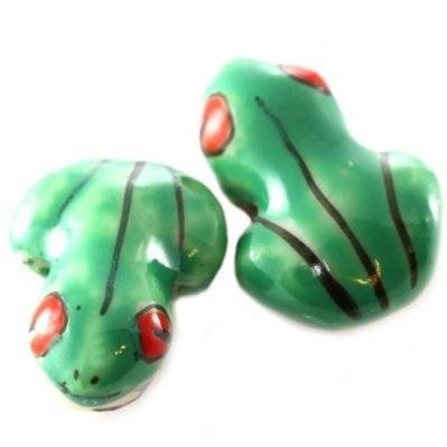 2 perles grenouilles en porcelaine vert,- 13x18mm