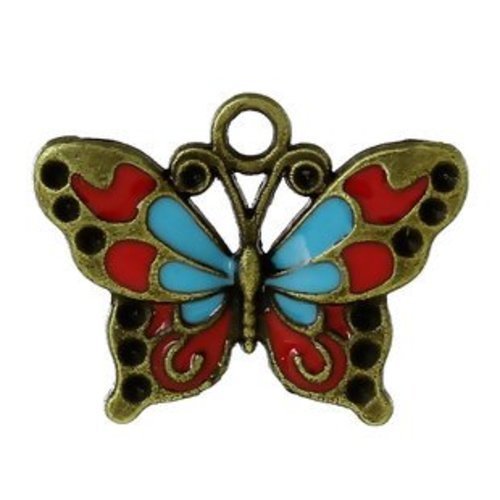 Breloque papillon bronze antique email bleu, rouge