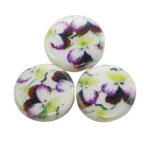 2 perles nacre motif fleur pensées violet  14mm