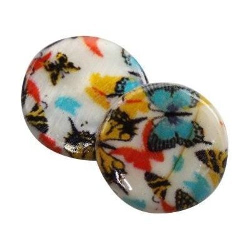 2 perles nacre ronde papillons multicolores 20mm