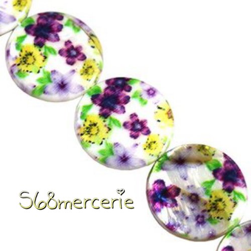 2 perles nacre motif fleur pensées violet / jaune 20 mm