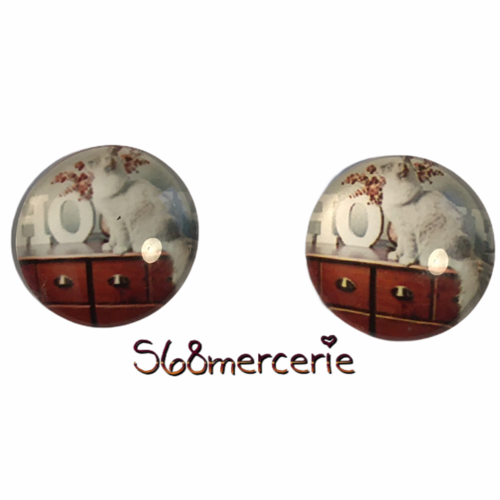 2 cabochons chat blanc sur commode 14mm