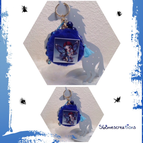 Destock -porte clés ou bijoux de sac pompon elfe tond bleu-