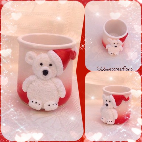 Pot à crayon en céramique, décoré d'un ours en fimo