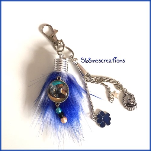 Porte clé ou bijoux de sac pompon chat noir cabochon & perles