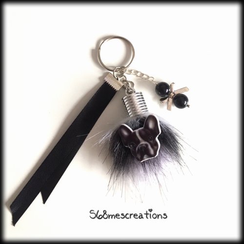 Porte clés ou bijoux de sac pompon bouledogue noir blanc