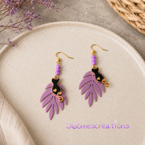 Boucles d’oreilles “chat lavande